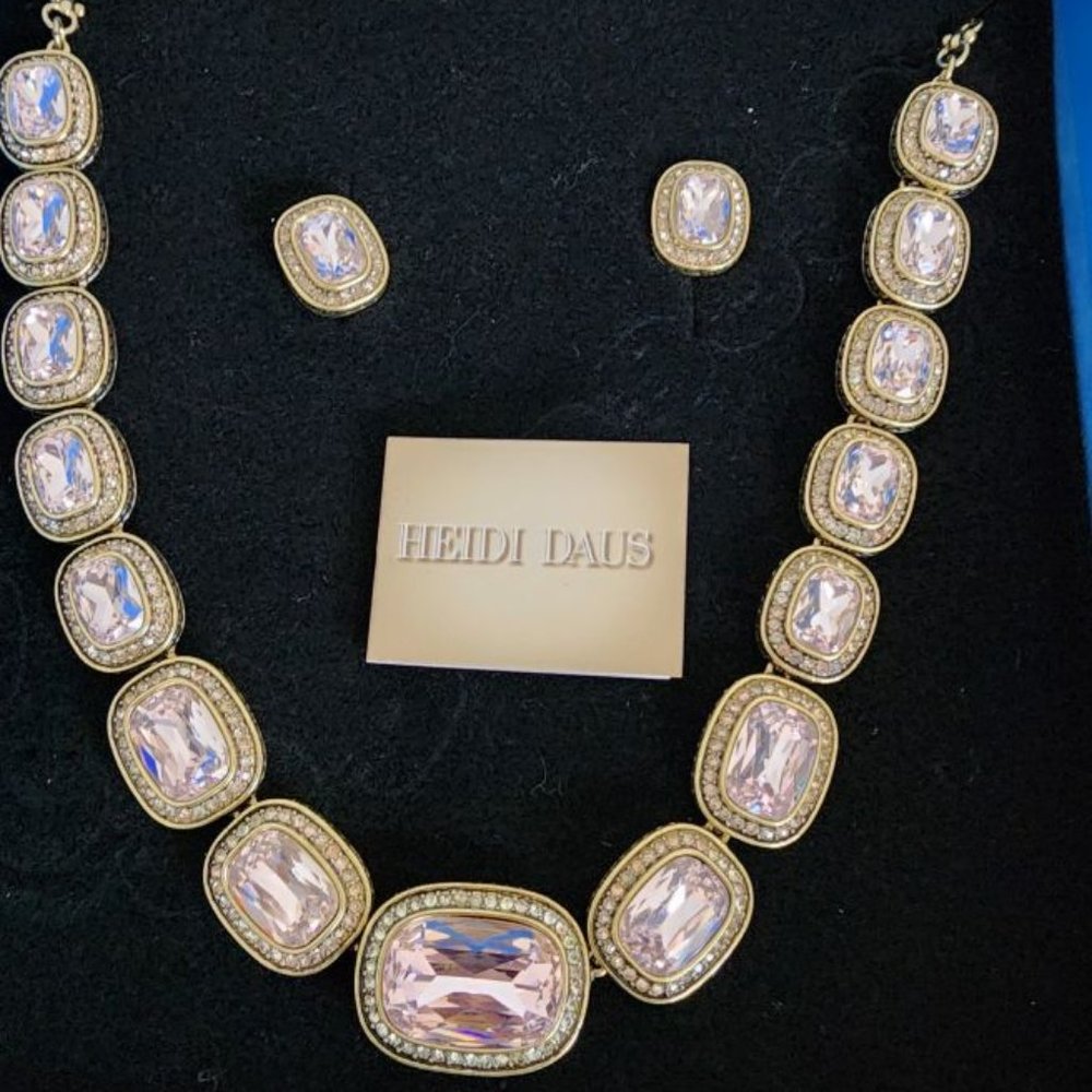HEIDI DAUS GOLD BEZEL WITH PINK SWAROVSKI CRYSTAL NECKLACE AND EARRINGS-PIERCED